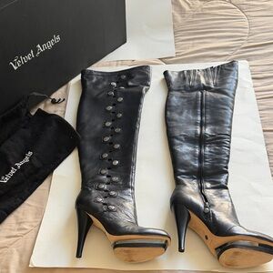 Velvet Angels Black Leather Over-the-Knee Button Platform BootsSize 9, 5” Heels